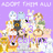 Pixelated animation of multiple cartoon characters on a purple background with repeated text at the top.