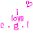 Pixelated pink text and symbols on white background, featuring 'I love c.g.' with a heart above.