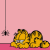 Animated contact sheet showing Garfield the cat in various poses across seven frames with spiders hanging from above and a 'HELLO' speech bubble in one frame.