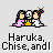 Pixel art of three figures in traditional Japanese attire with a skeleton, text below reads 'Haruka, Chise, and I' on light gray background.