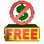 Animated sequence of a red prohibition symbol over a green dollar sign atop a yellow block with red 'FREE' text, showing rotation and color changes.