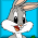 Pixelated cartoon rabbit with gray fur, white muzzle and chest, black eyes, red mouth, orange nose on blue background; adjacent show partial text 'Love' and 'Rita'