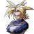Pixelated character with spiky blonde hair, wearing a blue outfit with a white circular detail on the chest.