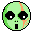Two pixelated green alien heads with black eyes and orange facial markings, one with a surprised expression and the other smiling.