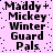 Pixelated text on a light purple background with dark blue dots, displaying 'Maddy + Mickey Winter Guard Pals' in two identical vertical