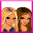 A 2x2 contact sheet of a pixelated animated buddy icon featuring two cartoon female characters with blonde and brown hair, displayed across three sampled frames on a gray background.