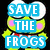 Animated green frog character with large white eyes and pink cheeks wears red-and-white striped outfit, displays text overlays in blue and green boxes.