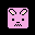 Pixelated pink square face with black eyes, beige ears, and a downturned mouth; red prohibition symbol overlays the right version.