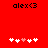 Red background with black text 'alex<3' at top, five white and pink pixelated hearts below; left side has three white hearts then one pink heart then one white heart; right side has two white hearts then one pink heart then two white hearts.