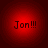 Four identical red circular icons with dark red gradient backgrounds display the text "Jon!!!" in black pixelated font.