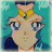 Pixelated anime-style character with large blue eyes, yellow bow tie, and dark blue shoulder accents against a teal background.
