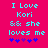 Cyan pixelated text on bright pink background reads "I Love Kori && she loves me" with five blue-purple hearts below, two versions differ in heart arrangement.