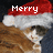 Pixelated image of a character wearing a Santa hat with text reading 'Merry' on the left and 'Christmas' on the right.