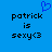 Blue background with black pixelated text 'patrick is sexy<3' and a blue pixelated heart symbol above the text.