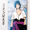 Pixelated anime-style icon of a character with spiky dark hair, white shirt, black pants, and purple sash, standing against a blue sky background with vertical text reading "SASUKE" on the left.