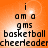 Orange background with black text reading "i am a gms basketball cheerleader" in pixelated font, two identical frames showing no visible animation changes.