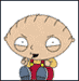 Animated cartoon character with light brown skin, large white eyes, and a bald head sits in red overalls against gray background.