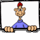 Animated cartoon character with red cap and blue shirt peeks from white , showing multiple facial expressions including smiling, squinting, and neutral