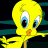 Pixelated yellow cartoon bird with large blue eyes and orange beak on dark teal background, static single-frame image.