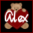 Pixelated 48x48 static icon featuring a light brown teddy bear holding a large red heart with white text, set against black background with thin red border.