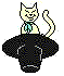 Pixelated cat with light yellow fur and green bow sits atop black hat, tail shifts from raised to curved position across frames.