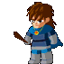 Pixel art character in blue and gray armor with a blue cape, brown hair, and a yellow pendant, shown in multiple poses including standing, walking, and attacking.