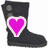 Black boot with two gray buttons on the side, featuring a pink heart symbol in one view and no heart in another.