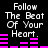 Black background with white pixelated text reading 'Follow The Beat Of Your Heart.' and pink audio equalizer bars that change height across frames.