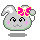 Four pixel art frames of a gray bunny mascot with pink bow, green outline, and blush marks on cheeks, arranged in 2x2 contact sheet showing subtle animation changes.