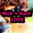 Pixelated image with pink text overlays reading "Nick + Karl! LOVE" on black rectangular backgrounds, set against a blurred colorful backdrop.