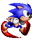 Four pixelated Sonic the Hedgehog frames show running motion with red speed trails, blue fur, white gloves, and brown shoes against a gray background.