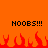 Pixelated orange background with two identical 'NOOBS!!!' text blocks and red flame shapes at the bottom.