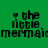 Green background with black pixelated text reading 'the little mermaid' and a small heart symbol, displayed in four variations with purple rectangular overlays in different positions.