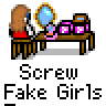 Pixel art contact sheet showing six frames of an animated buddy icon with a girl at a vanity table, displaying text bubbles and repeated "Screw Fake Girls" text below each frame.