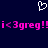 Dark blue background with a white pixelated heart symbol above pink text reading 'i<3greg!!i<3greg!!' in repeating pattern.