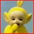 Pixelated yellow cartoon character with large ears, a small nose, and a single raised finger, set against a light blue background with a red border.
