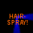 Four orange 'HAIR-SPRAY!' text blocks surround a blue spray effect on black background.