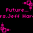 Pixelated pink text and geometric shapes on black background, with repeated 'Future... Jeff Hors' text elements and four distinct animated square patterns.