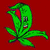 Animated green cannabis leaf with red center on solid red background, transitioning to static white background with faded text above a larger leaf.