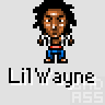 Animated contact sheet of 25 pixel art frames showing Lil Wayne character in various poses with consistent clothing and facial features across sampled animation frames.