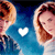 Two pixelated figures with light skin and brown hair face each other against a blue gradient background with a white heart symbol in the center.