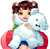 Pixelated figure with brown hair holds a light blue plush toy with dark eyes and a gray nose against a white background.