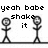 Pixelated black-and-white image with two stick figures and text reading 'yeah babe shake it' in blocky font.