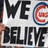 A split-screen image with 'WE BELIEVE' text on the left and a blue background with white pixelated text on the right.