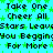 Pixelated text repeats across a cyan background with green star patterns, displaying phrases like "Take One" and "Cheer All" in a