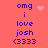 Pixelated text on coral background with animated heart and sparkles, displaying 'omg i love josh <3333' in blue.