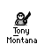 Pixel art animation of a character named Tony Montana holding a pistol, showing sequential firing effects with orange sparks and red splatters on a gray background.