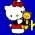White cartoon cat with green eyes, red Santa hat, and red-and-black outfit holding yellow flower against blue background with yellow text overlays.