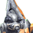 Pixelated static image of a metallic helmet with orange accents and visible facial features including eyes, nose, and mouth.