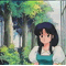 Animated sequence of a character with dark blue hair in various poses against a forest background.